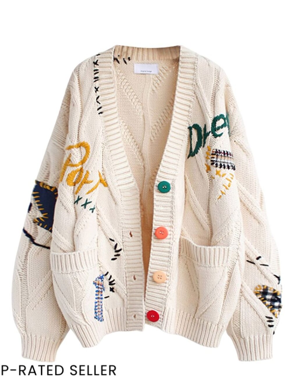 Chunky Knit Cardigan Open Front V-Neck Embroidery Details Oversized Chic